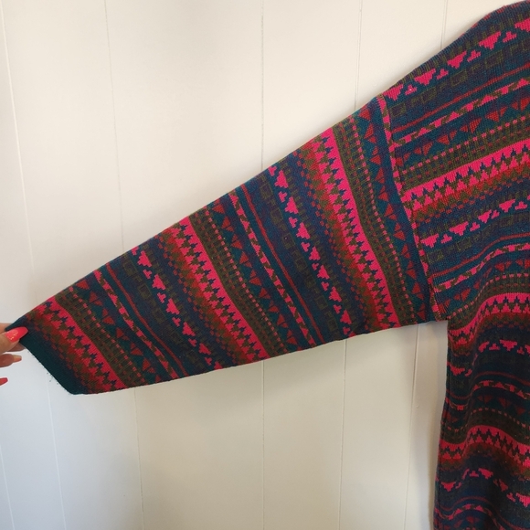 Vintage Oversized Pink Blue Fair Isle Crew Neck Sweater 90s 1990s Ski Preppy M - Picture 5 of 9